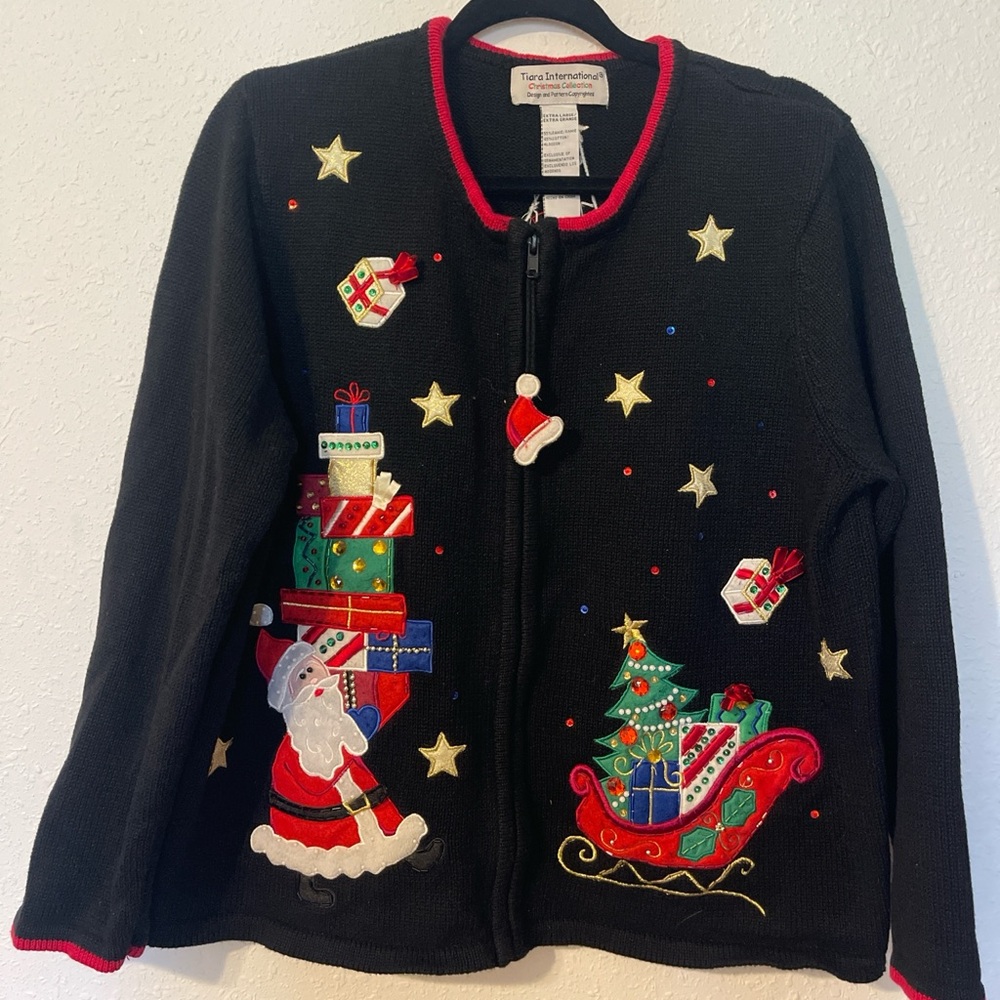Festive Black Sweater with Santa and Gifts